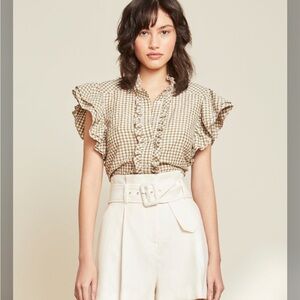 Veronica Beard Tenille Olive and White Gingham‎ Ruffle Sleeve Blouse cons